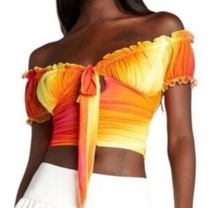 Vibrant Orange and Yellow Ruffled Top XXS